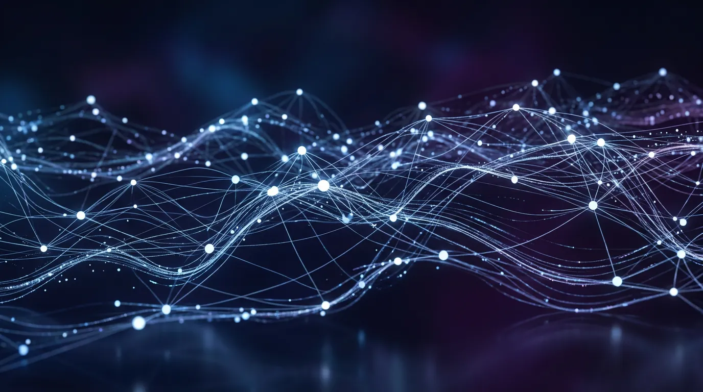 Abstract digital visualization with flowing data streams and connected nodes, modern dark background with soft blue and purple accents, clean minimalist design