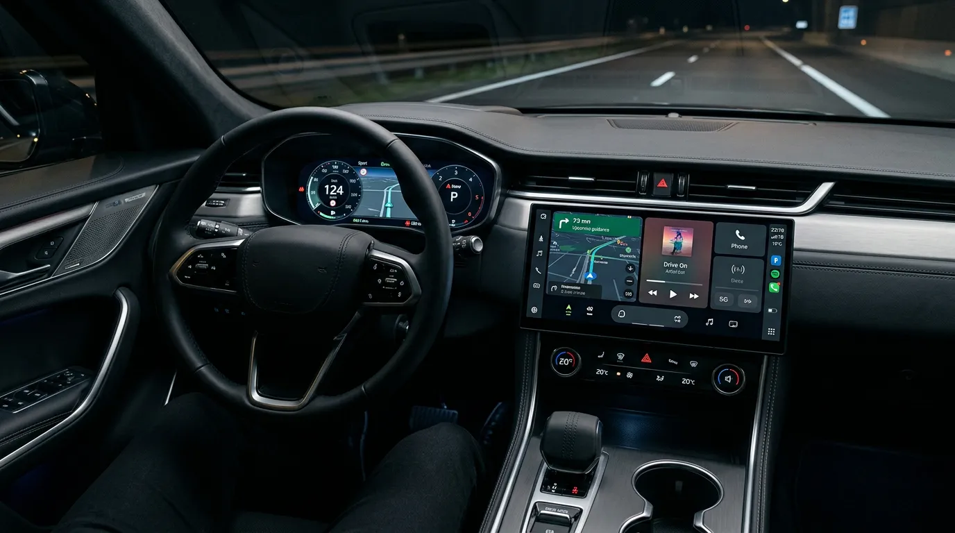 Modern vehicle infotainment system display showing connected car dashboard interface, navigation maps and vehicle metrics, sleek automotive UI design