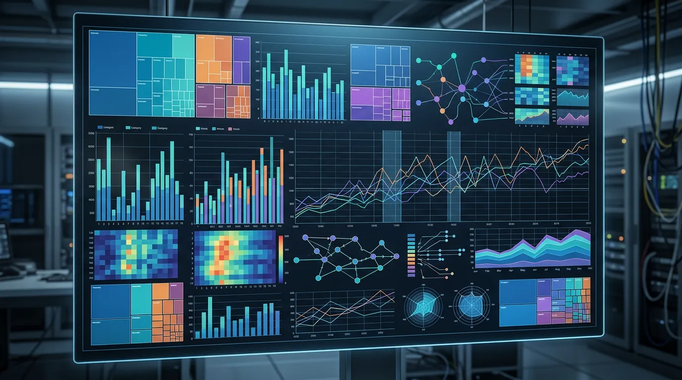 Complex information visualization chart with multiple data layers, bar graphs, line charts, and hierarchical information display, professional analytics aesthetic