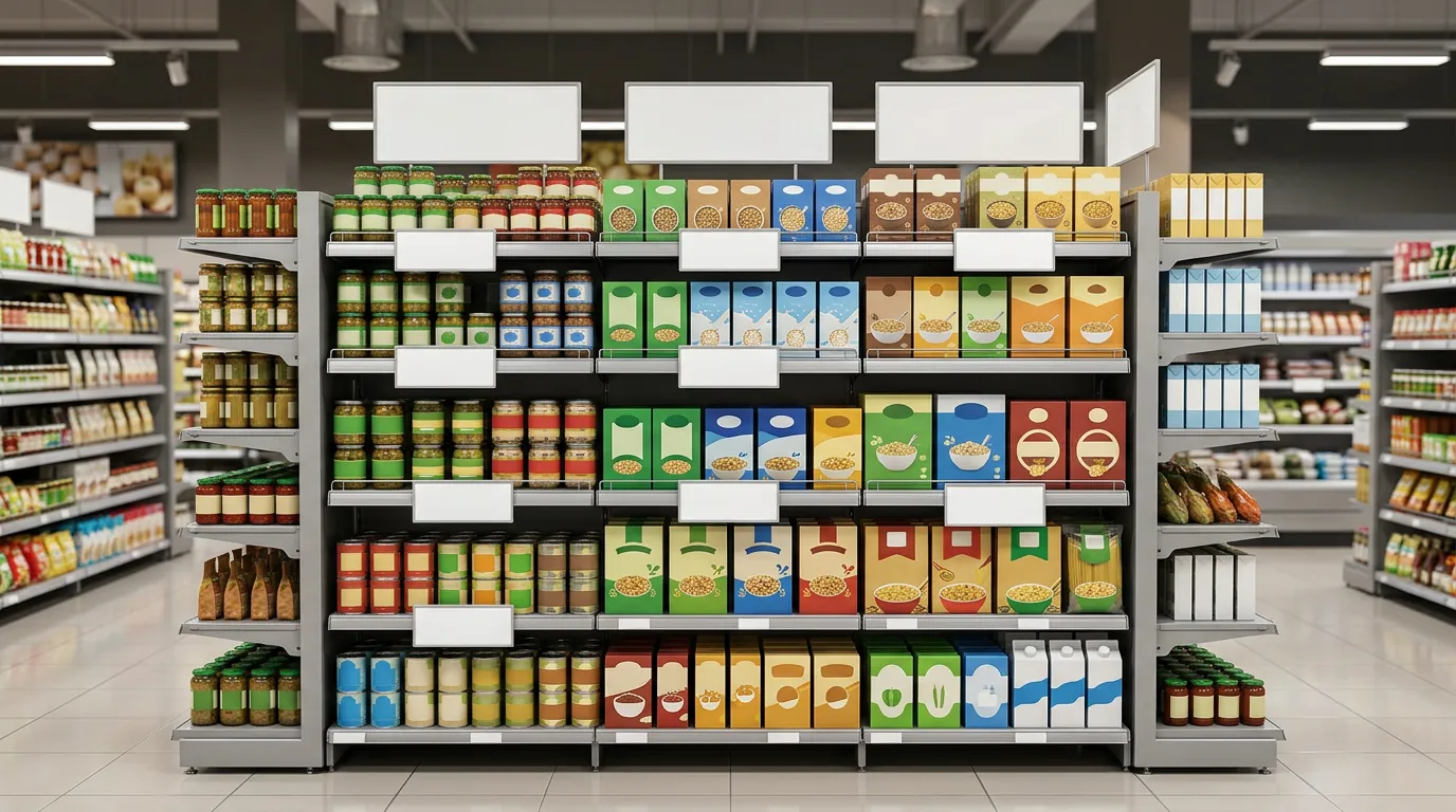 Supermarket shelf display with organized products and information signage, consumer research documentation, retail environment, no people, photorealistic, professional, no text on signage