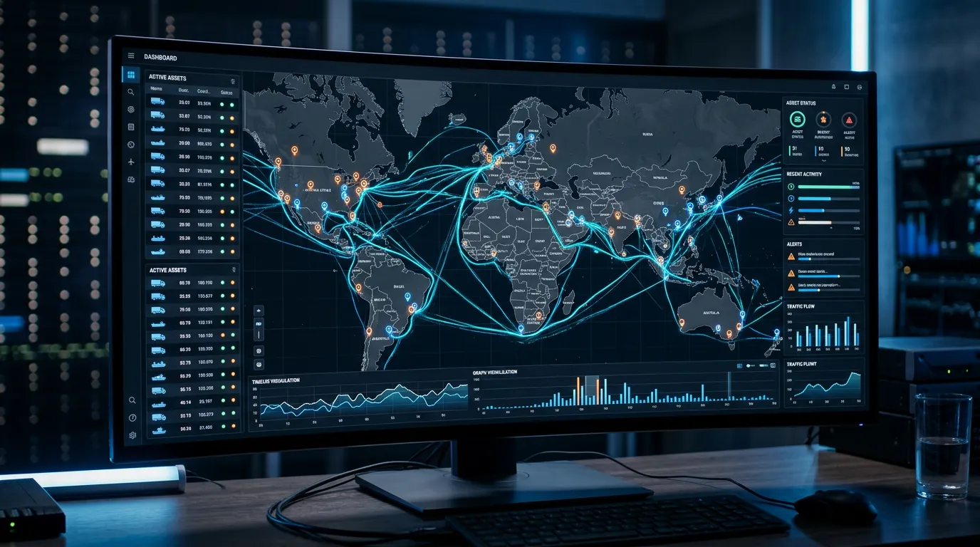 Dashboard interface showing real-time tracking visualization with animated paths and location markers, tech aesthetic, clean modern design